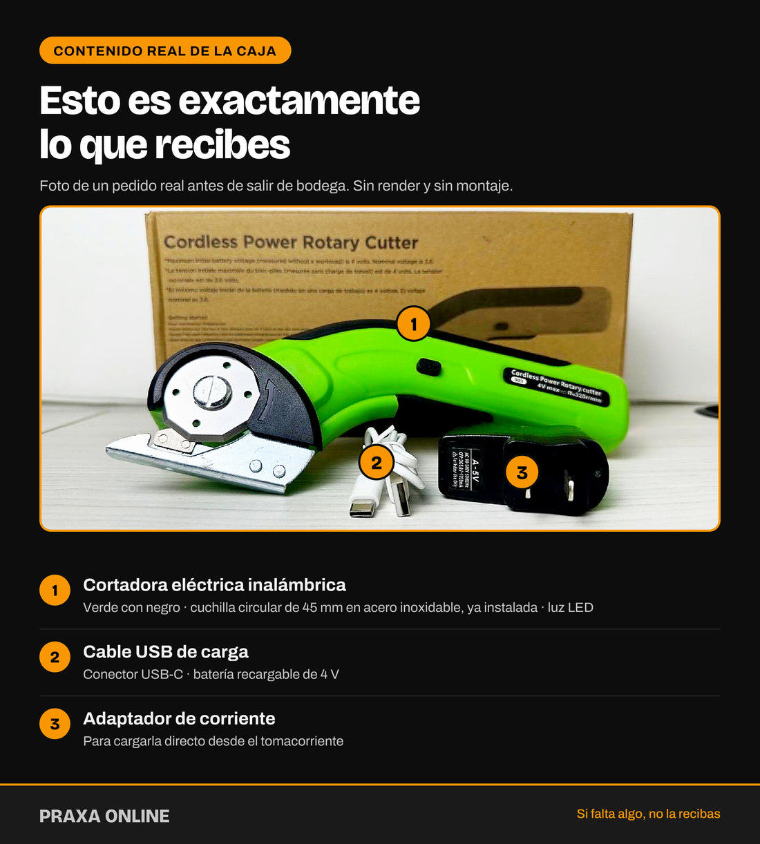 Contenido real de la caja: cortadora eléctrica inalámbrica verde, cable USB de carga y adaptador de corriente